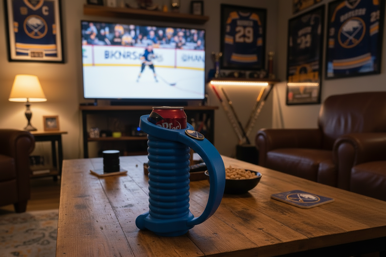 Man cave koozie with blue cup