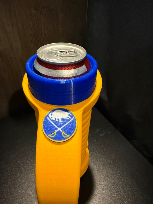 Sabres Sword Double Bottom Load Koozie, close-up of emblem and blue top
