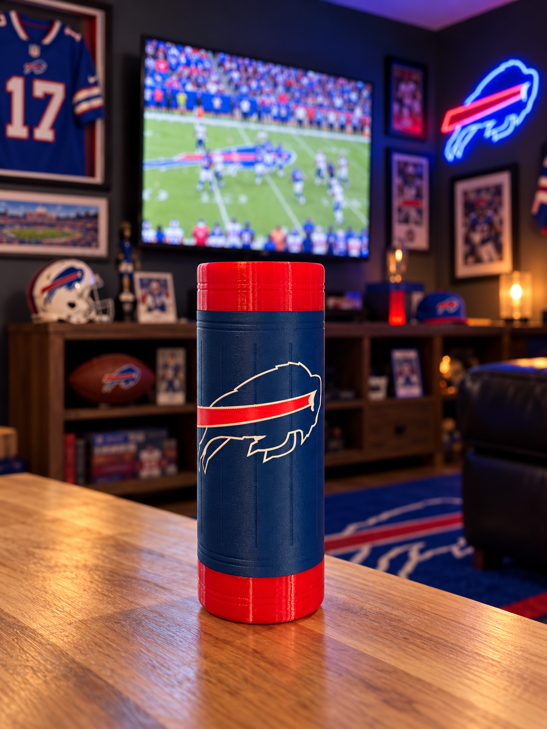 Stadium Bills Double Koozie on a wooden table in a Buffalo Bills man cave