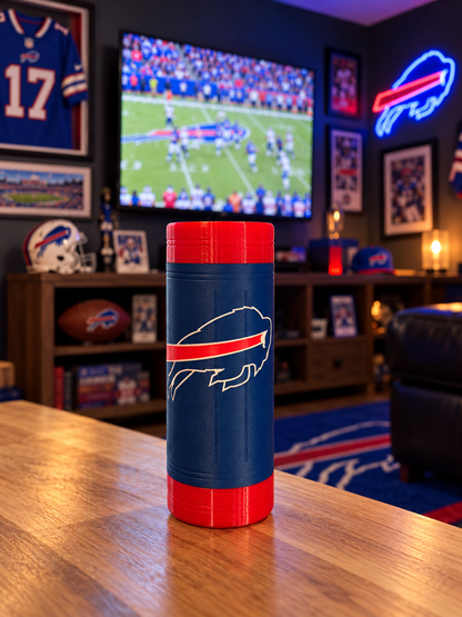 Stadium Bills Double Koozie on a wooden table in a Buffalo Bills man cave
